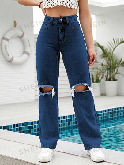 Denim Wide-Leg Ripped Jeans – Dark Blue | Loose Fit