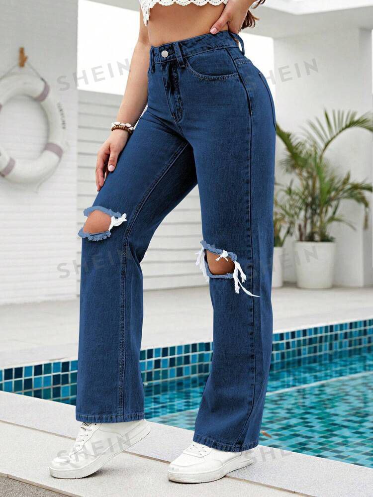 Denim Wide-Leg Ripped Jeans – Dark Blue | Loose Fit