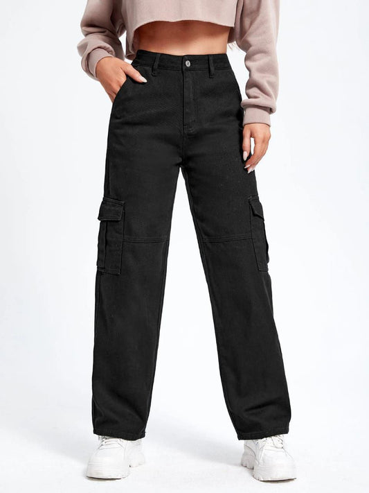 Women's Black 6-Pocket Cargo Jeans – High Waist, Non-Stretch Denim
