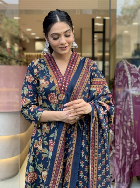 Elegant Navy Blue Printed Cotton Blend Kurta Set with Dupatta