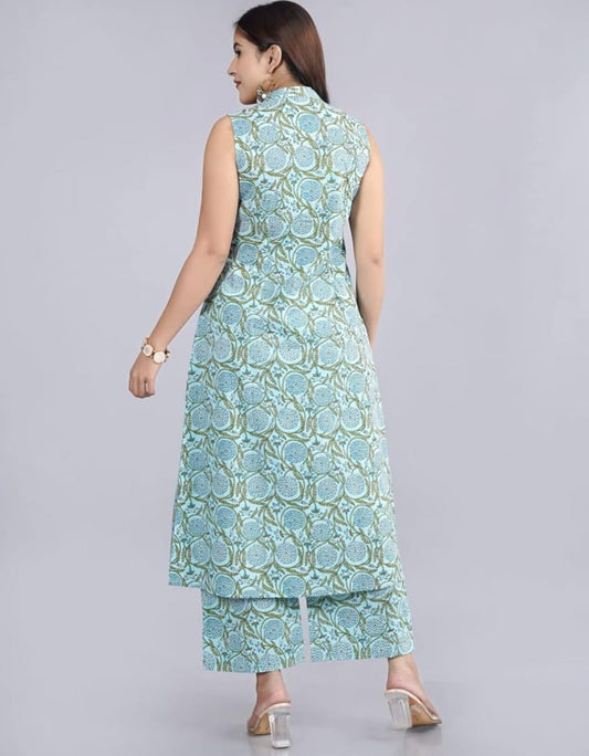 Blue Ethnic Printed Co-ord Set for Women – Sleeveless Kurta with Pants