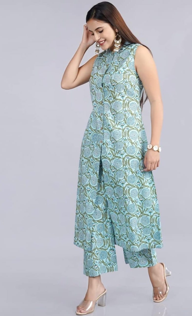 Blue Ethnic Printed Co-ord Set for Women – Sleeveless Kurta with Pants