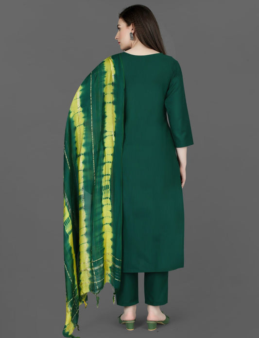Emerald Grace Embroidered Cotton Blend Suit Set with Chanderi Dupatta