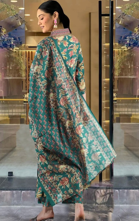 Elegant Green Printed Cotton Blend Kurta Set with Dupatta – SILKONIC