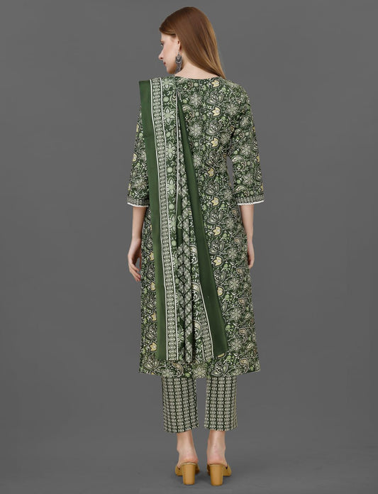 Elegant Green Floral Printed Cotton Blend Straight Kurta Set with Dupatta for Women