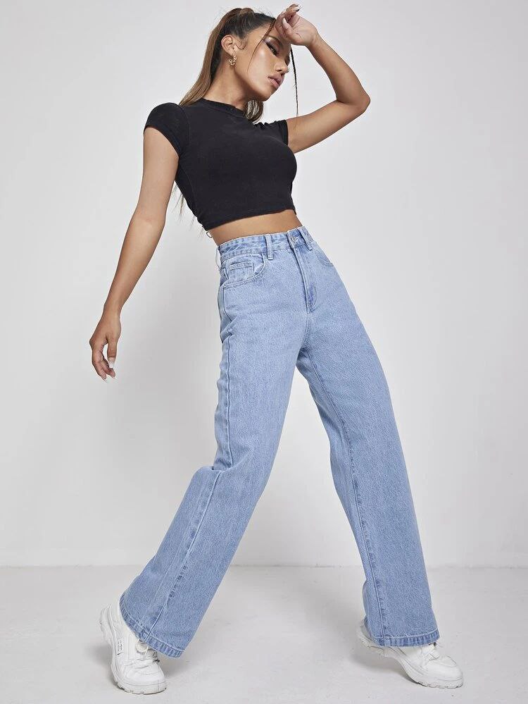 Ice Blue High Waist Wide-Leg Jeans for Women – Non-Stretch Premium Denim