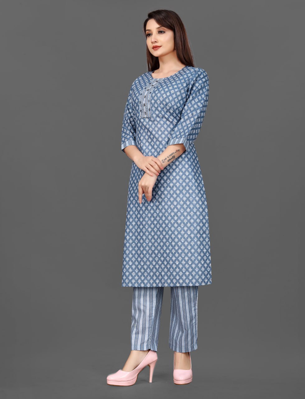 Silkonic Kalki Blue Mirror Work Cotton Kurta Set