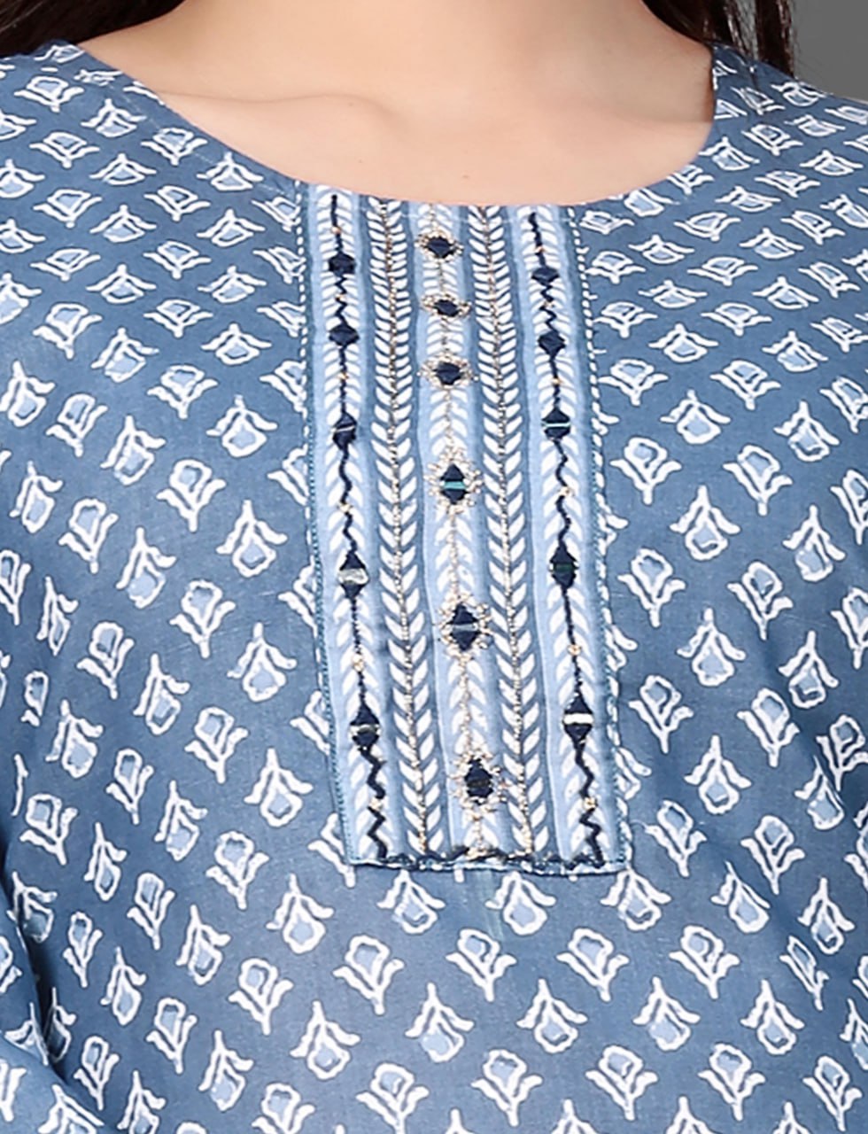Silkonic Kalki Blue Mirror Work Cotton Kurta Set
