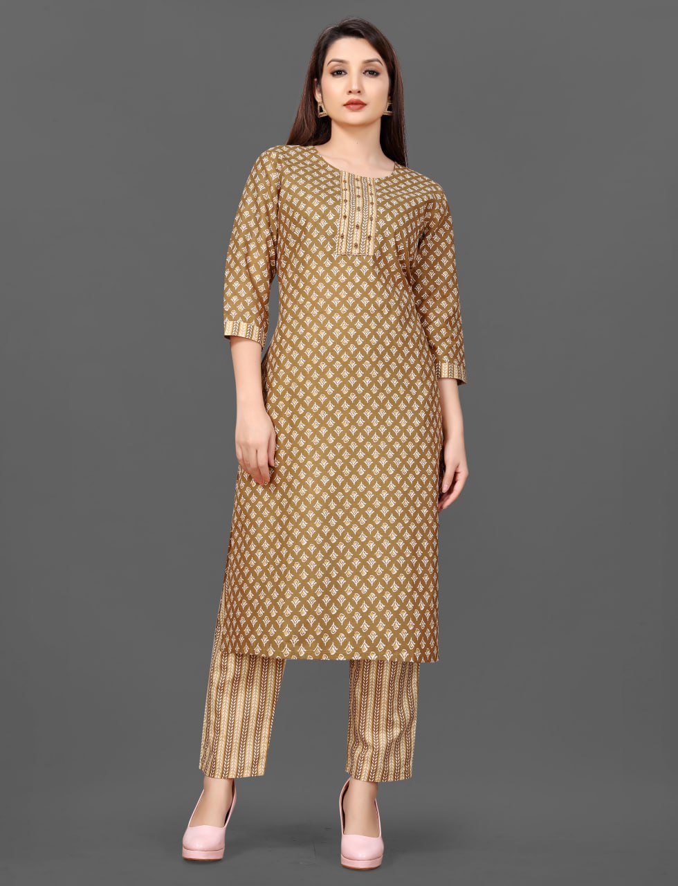 Brown Pure Cotton Kurta Set with Mirror Work – SILKONIC