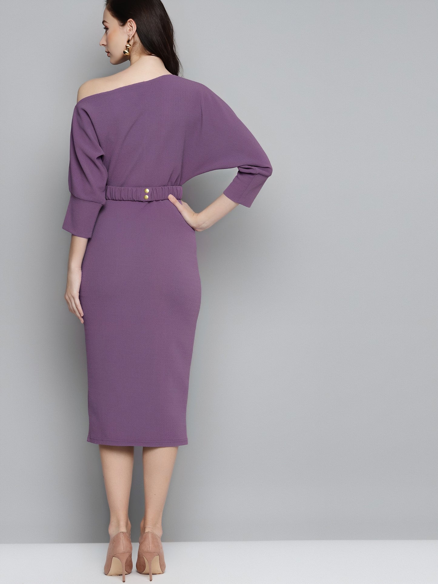 Chic Grace Belted Bodycon Midi Dress Lavender