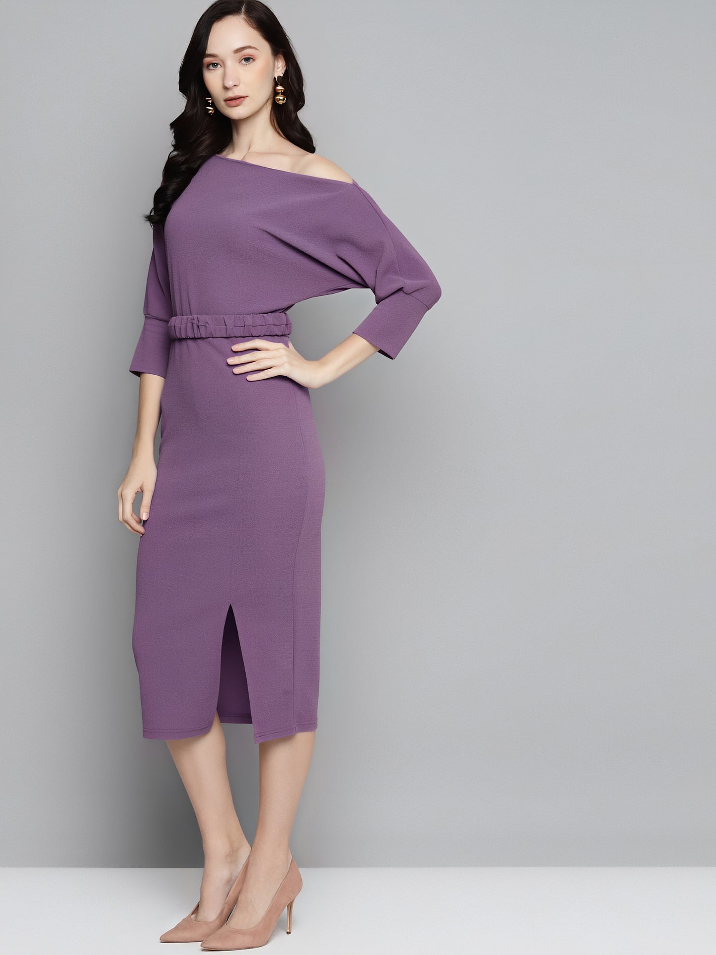 Chic Grace Belted Bodycon Midi Dress Lavender