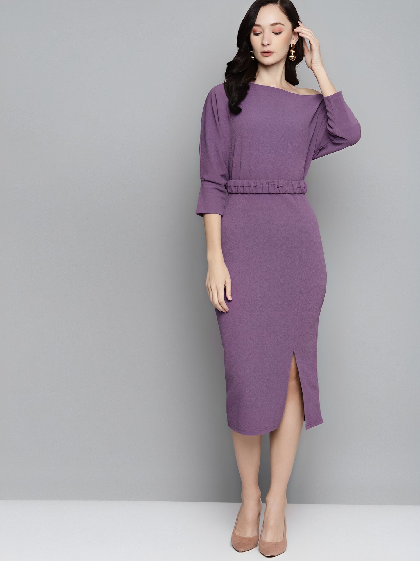 Chic Grace Belted Bodycon Midi Dress Lavender