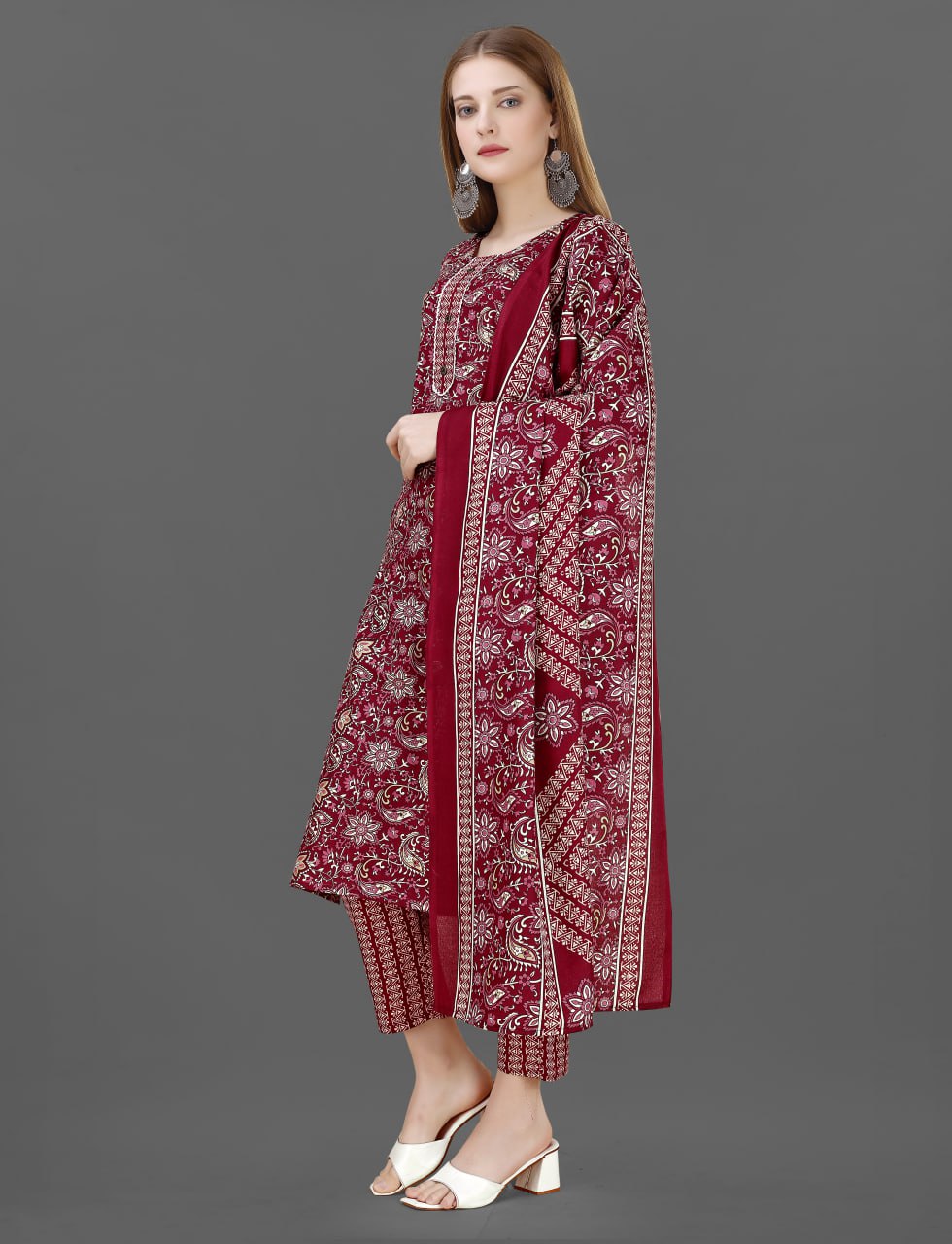 Maroon Floral Cotton Blend Kurta Set with Dupatta for Women | Silkonic
