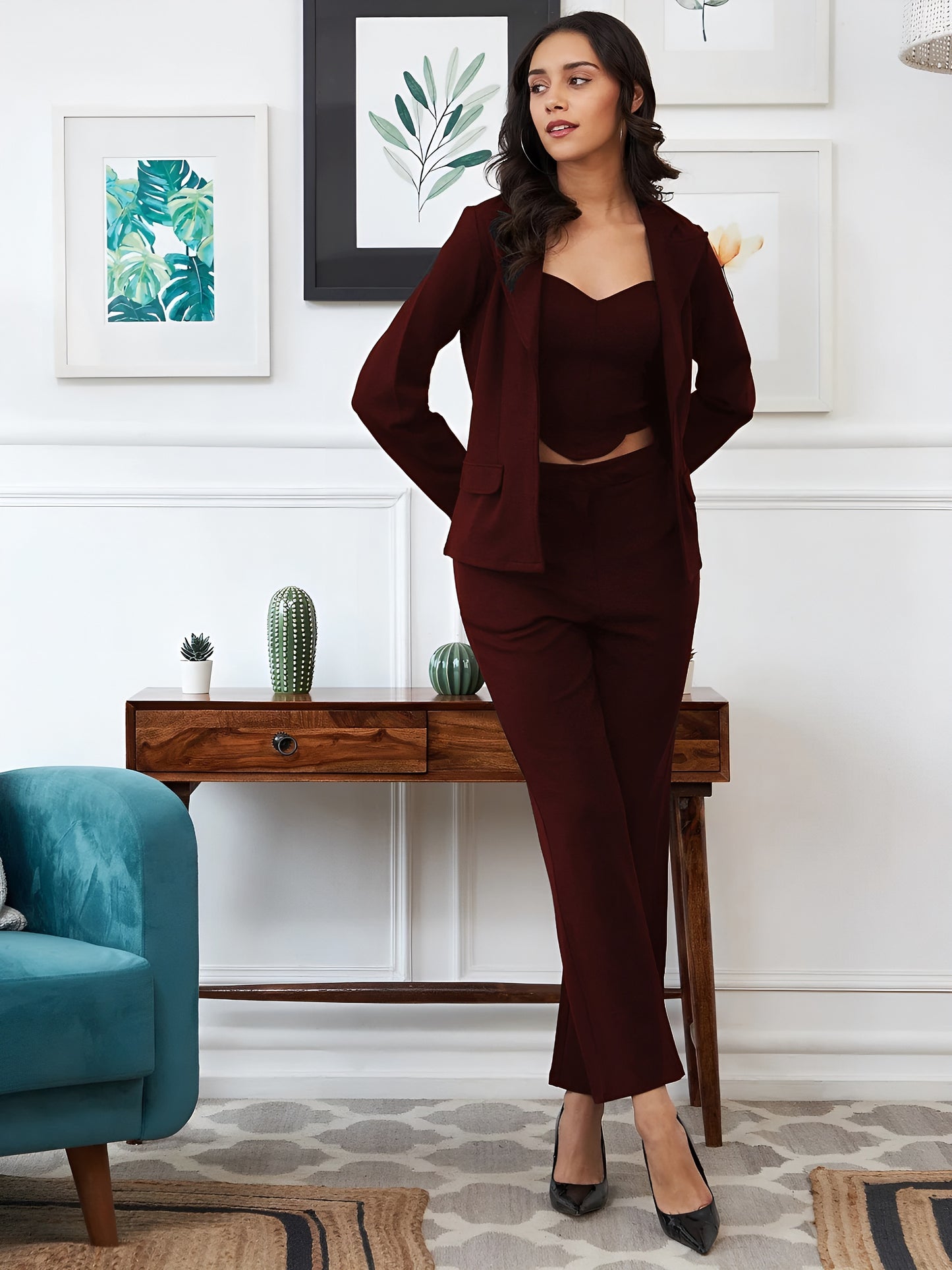 SILKONIC Women's Maroon Blazer Co-ord Set – Power Chic Look