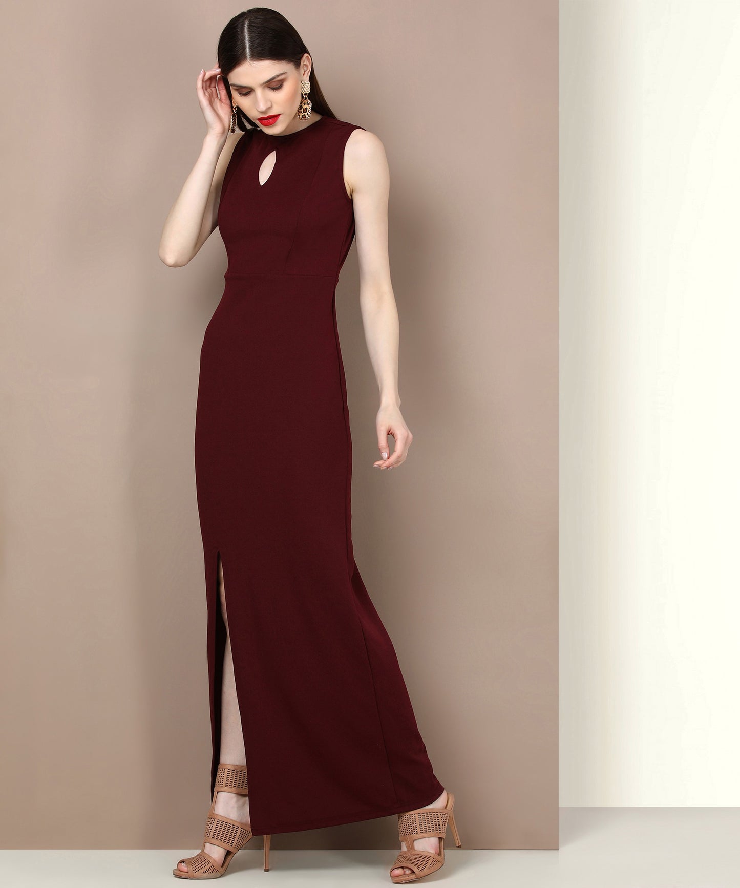 Maroon Sleeveless Keyhole Neck Bodycon Maxi Dress for Women – Party Wear