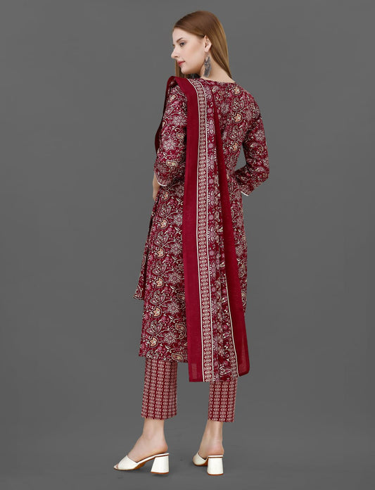 Maroon Floral Cotton Blend Kurta Set with Dupatta for Women | Silkonic