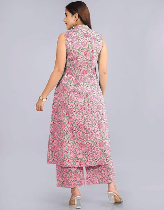 Pink Ethnic Printed Co-ord Set for Women – Sleeveless Kurta & Matching Pants