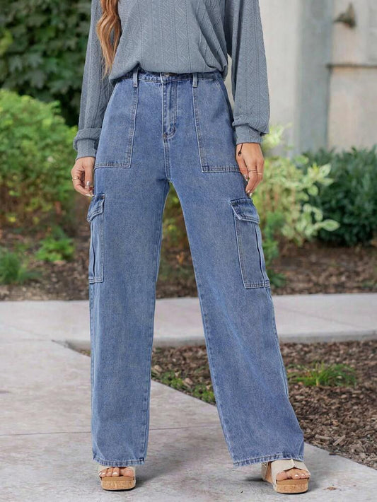 Stone Blue Color 6-Pocket Cargo Jeans for Women – Classic High Waist Fit