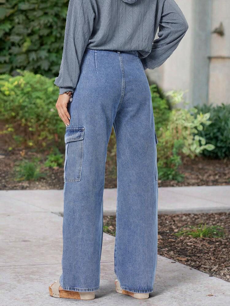 Stone Blue Color 6-Pocket Cargo Jeans for Women – Classic High Waist Fit
