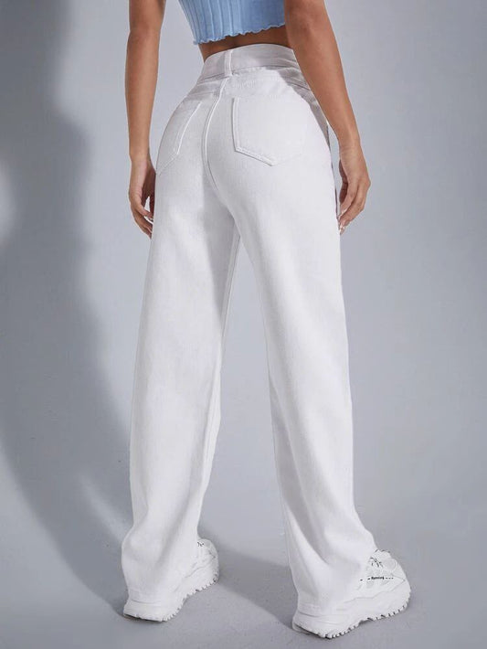 White Wide-Leg Jeans for Women – High Waist Solid Non-Stretch Denim