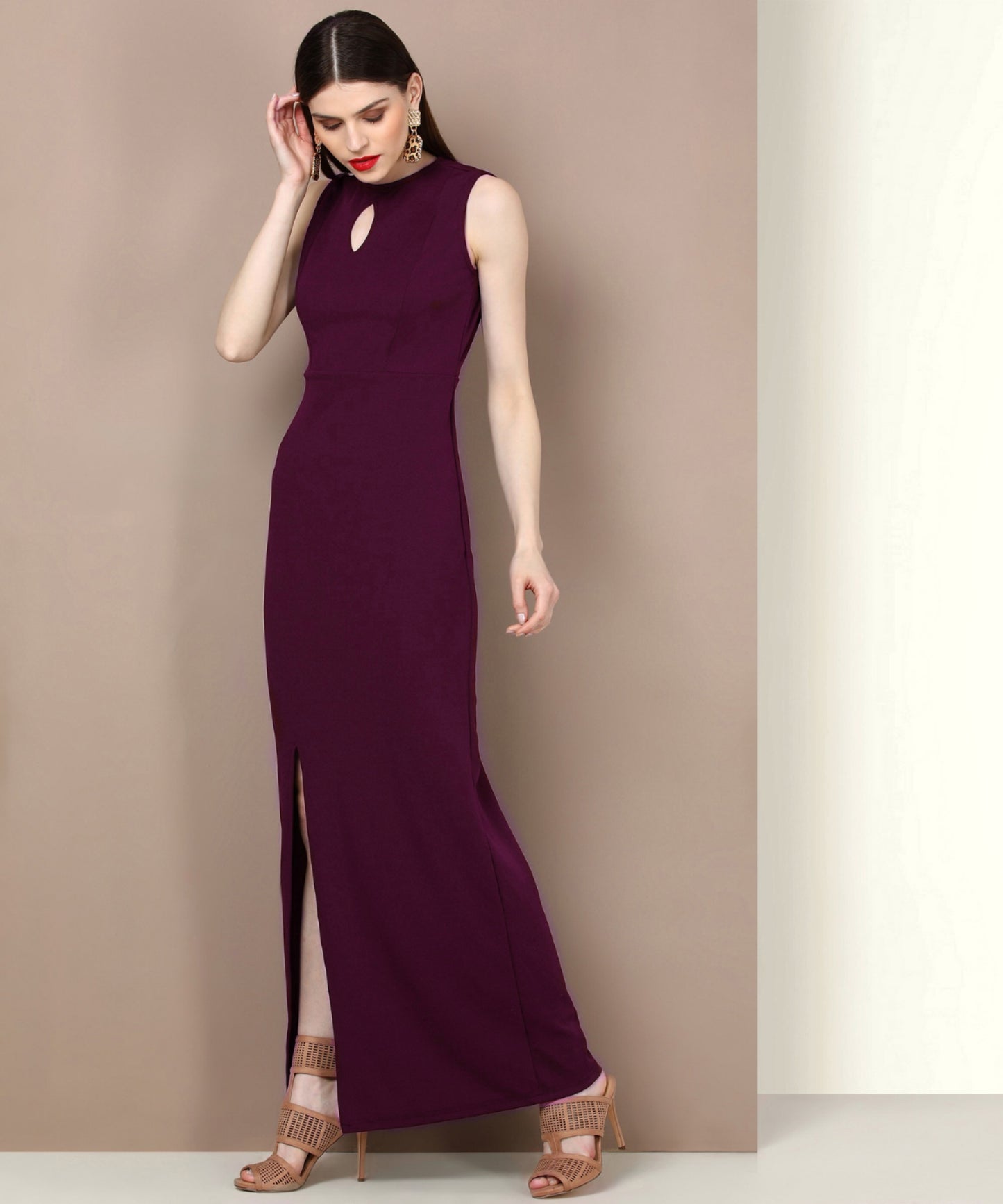 Wine Sleeveless Keyhole Neck Bodycon Maxi Dress for Women – Party & Evening Wear
