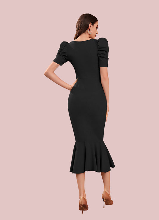 Silkonic Luxe Black Bodycon Puff Sleeve Dress