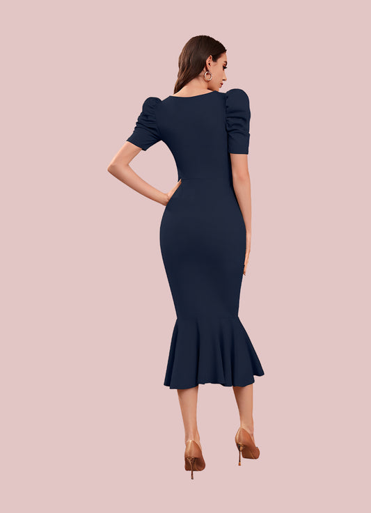 Silkonic Bold Navy Blue Bodycon Dress with Puff Sleeves