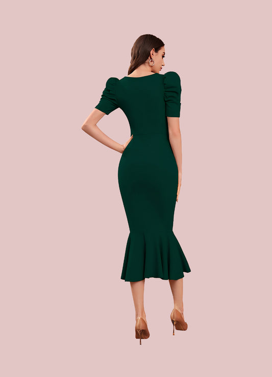 Silkonic Elegant Green Bodycon Dress with Puff Sleeves