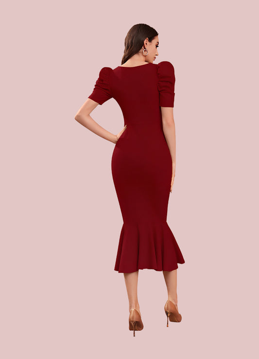 Silkonic Rich Maroon Square Neck Bodycon Dress