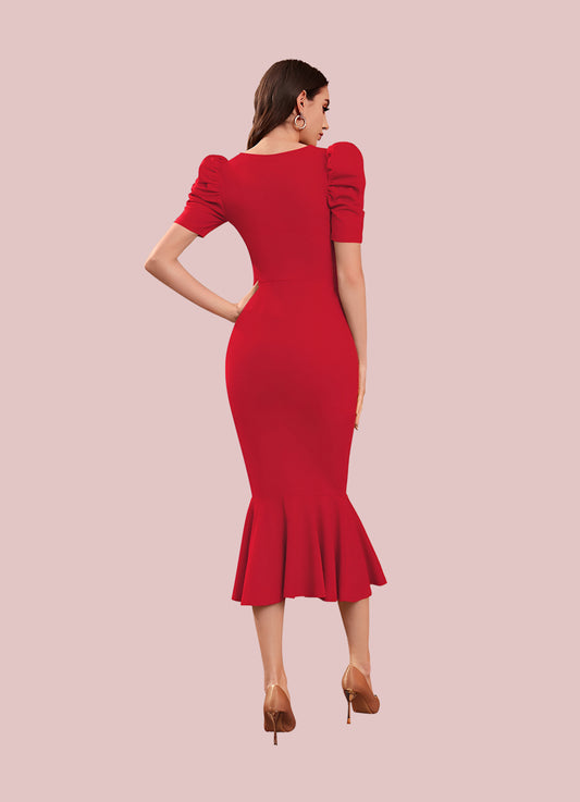 Silkonic Scarlet Red Puff Sleeve Bodycon Dress