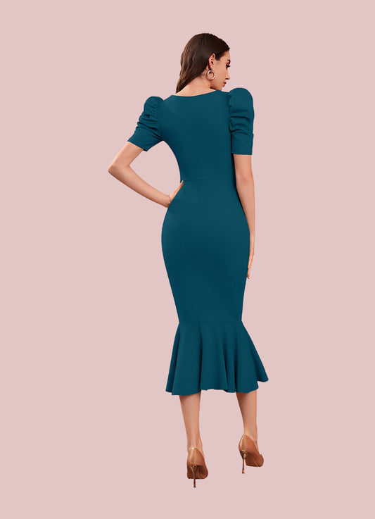 Silkonic Teal Dream Bodycon Dress with Puff Sleeves