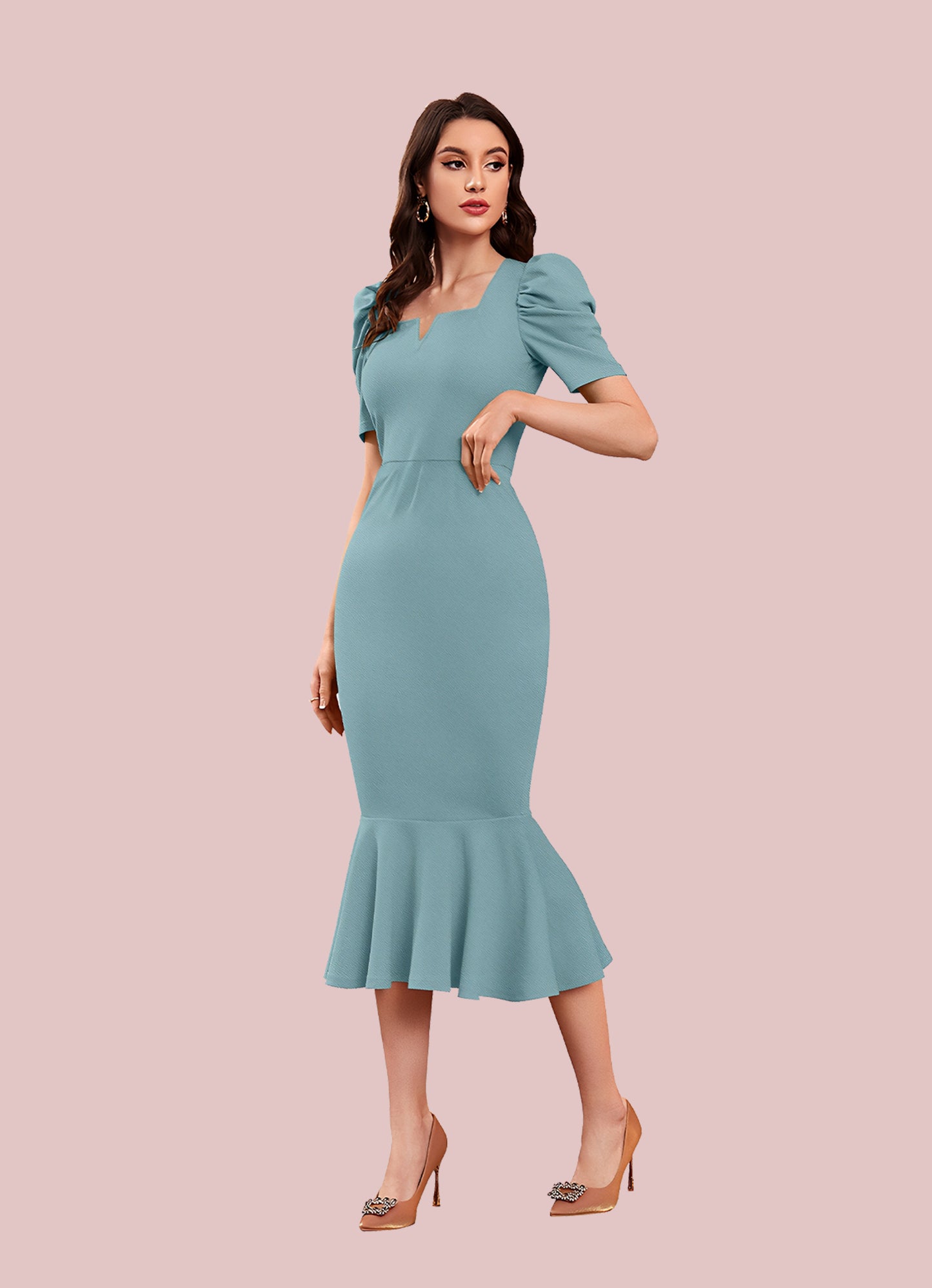 Silkonic Soft Turquoise Bodycon Dress with Puff Sleeves