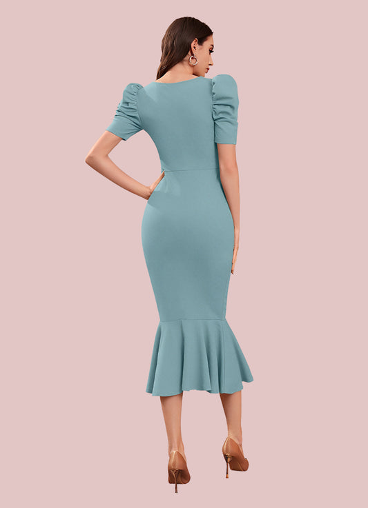Silkonic Soft Turquoise Bodycon Dress  with Puff Sleeves