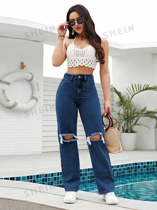Denim Wide-Leg Ripped Jeans – Dark Blue | Loose Fit