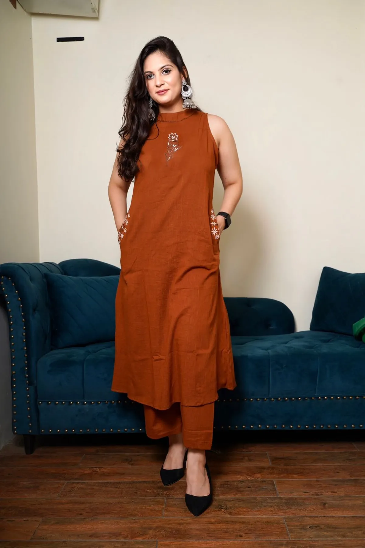 Elegant Rust Cotton Silk Sleeveless Kurta Set with Palazzos