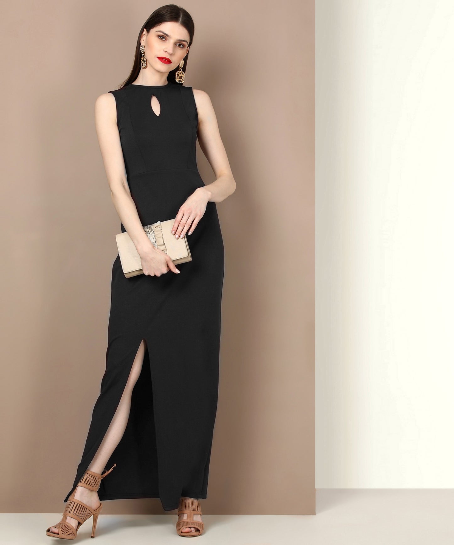 Black Sleeveless Keyhole Neck Bodycon Maxi Dress for Women – Party Wear
