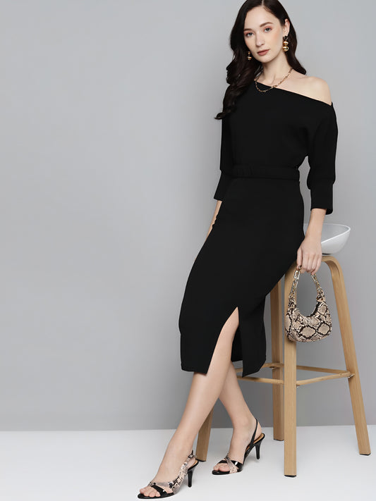 Chic Grace Belted Bodycon Midi Dress – Black