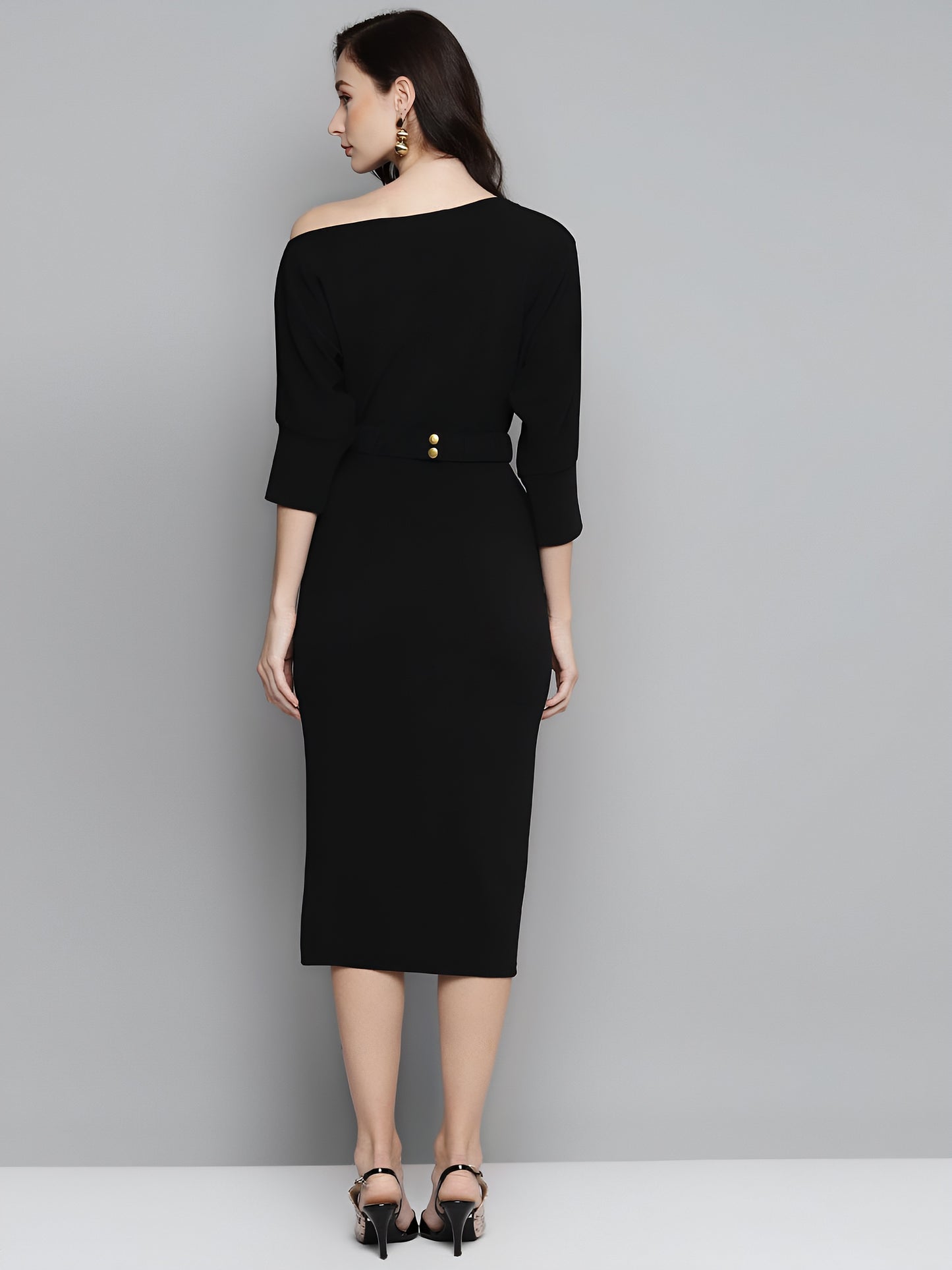 Chic Grace Belted Bodycon Midi Dress – Black