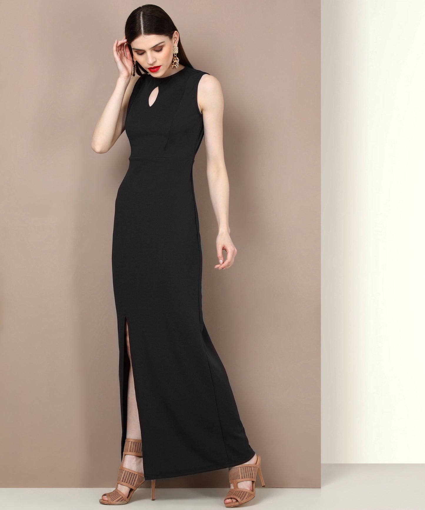 Black Sleeveless Keyhole Neck Bodycon Maxi Dress for Women – Party Wear
