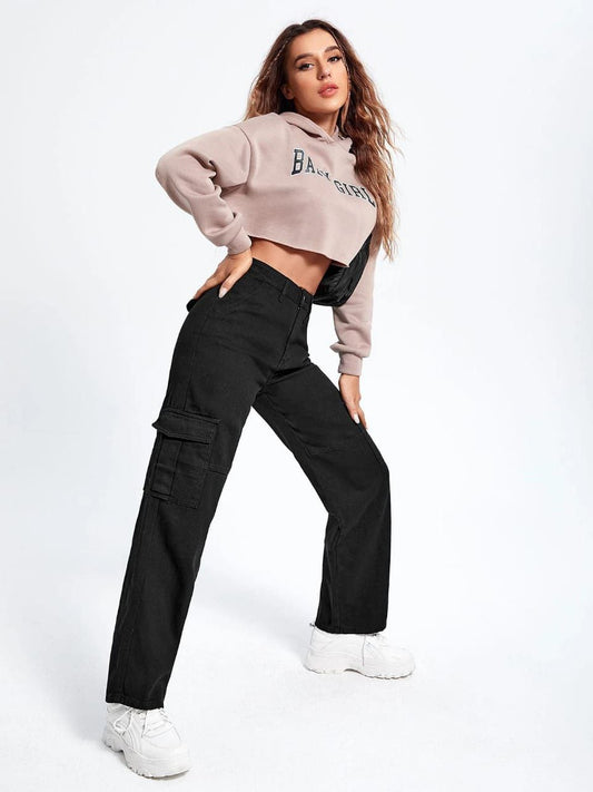 Women's Black 6-Pocket Cargo Jeans – High Waist, Non-Stretch Denim