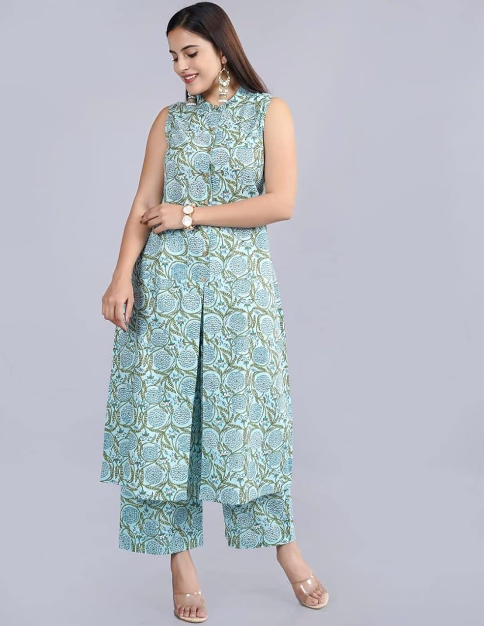 Blue Ethnic Printed Co-ord Set for Women – Sleeveless Kurta with Pants