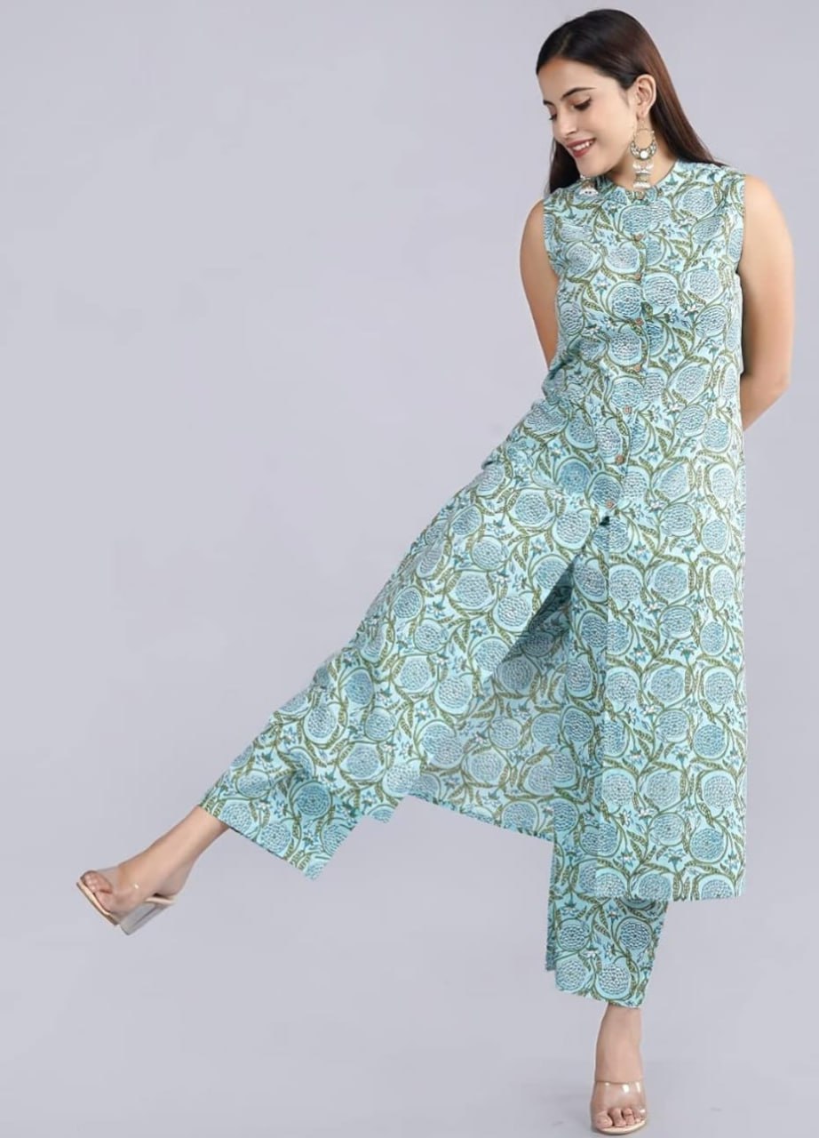 Blue Ethnic Printed Co-ord Set for Women – Sleeveless Kurta with Pants