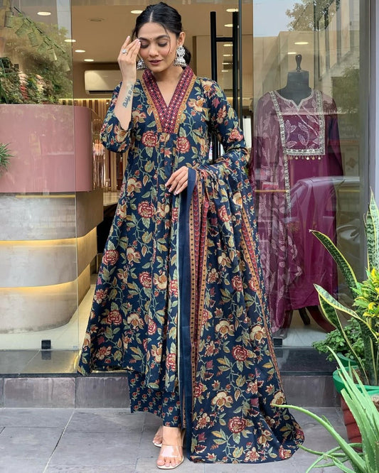 Elegant Navy Blue Printed Cotton Blend Kurta Set with Dupatta