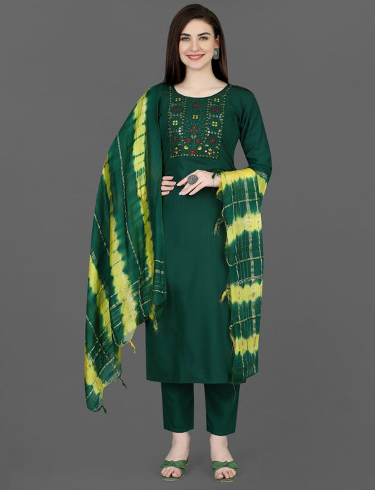 Emerald Grace Embroidered Cotton Blend Suit Set with Chanderi Dupatta