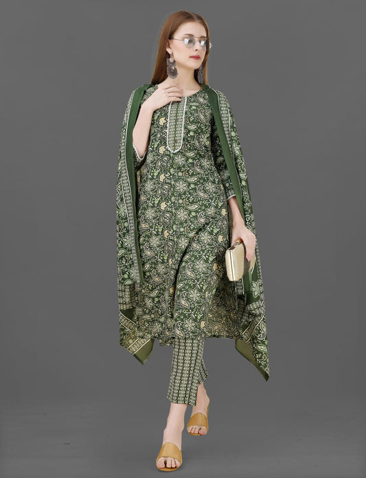Elegant Green Floral Printed Cotton Blend Straight Kurta Set with Dupatta for Women