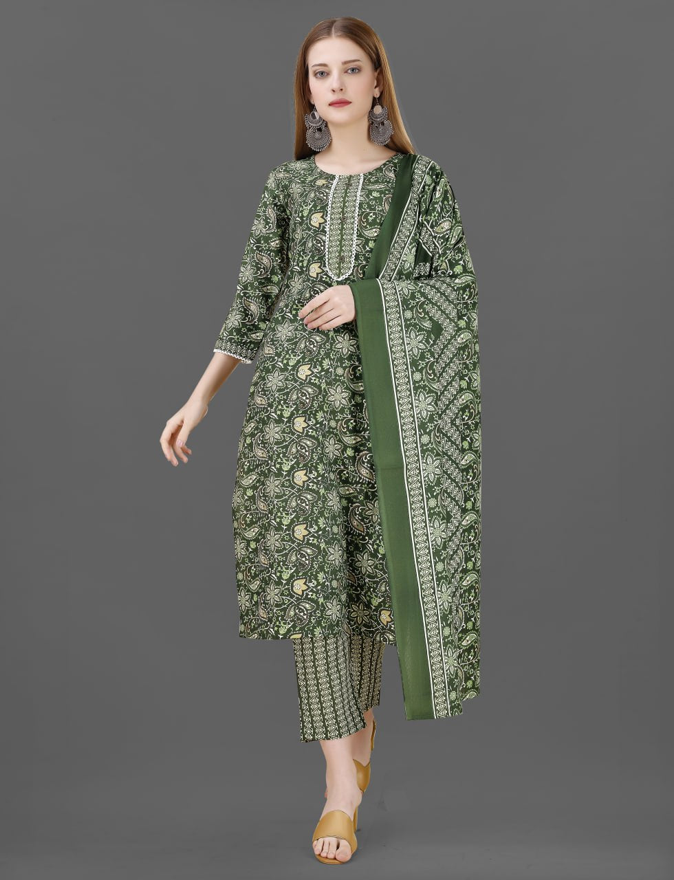 Elegant Green Floral Printed Cotton Blend Straight Kurta Set with Dupatta for Women
