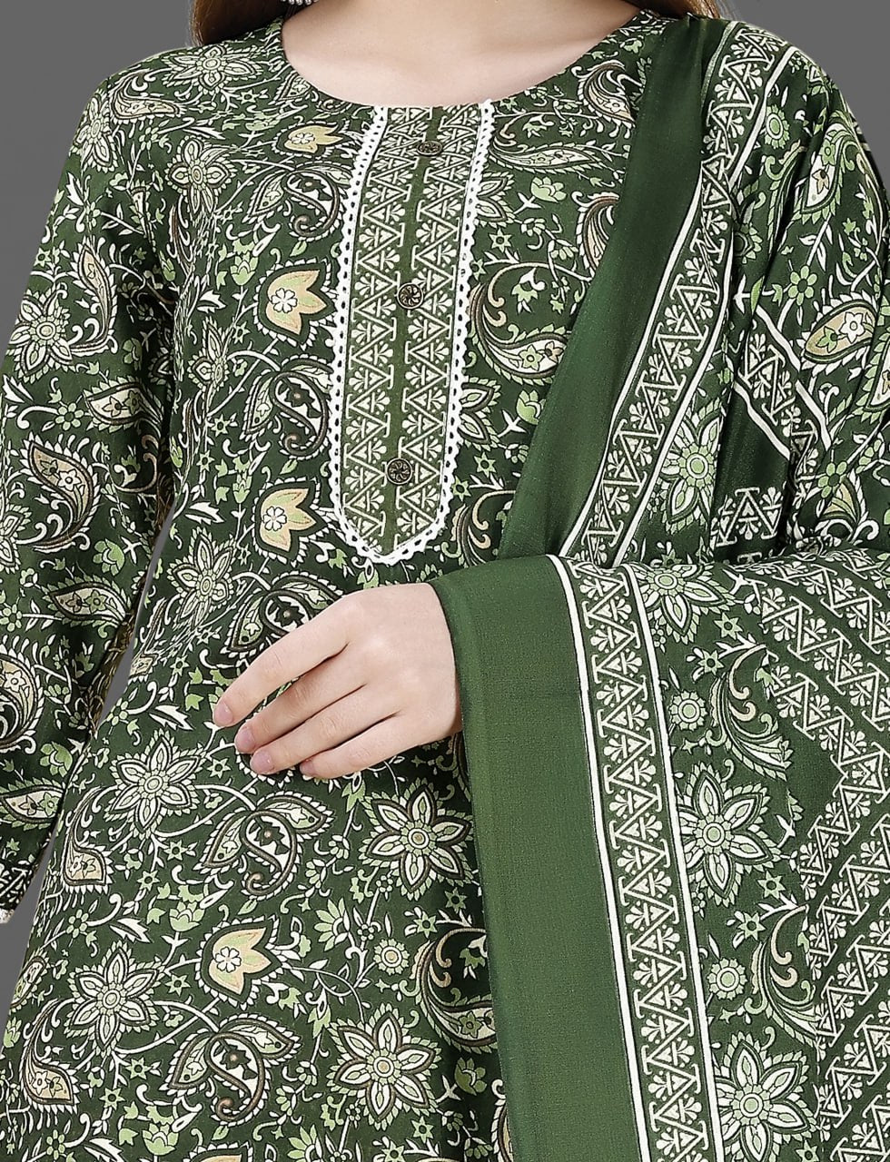 Elegant Green Floral Printed Cotton Blend Straight Kurta Set with Dupatta for Women