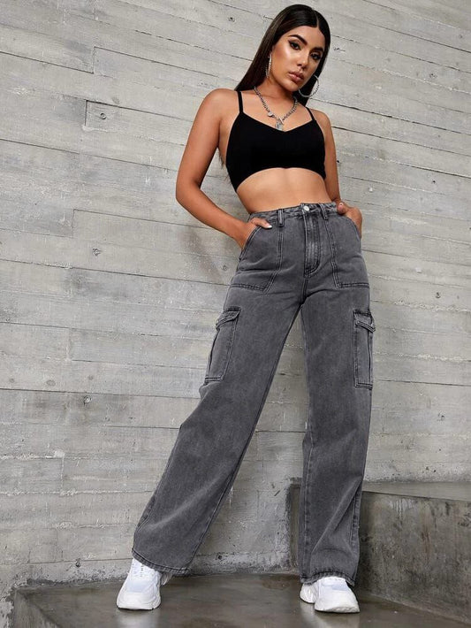 Charcoal 6-Pocket Cargo Jeans for Women – Trendy High Waist Denim