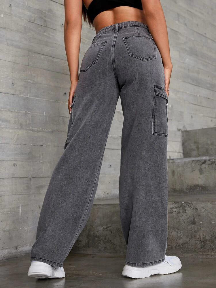 Charcoal 6-Pocket Cargo Jeans for Women – Trendy High Waist Denim