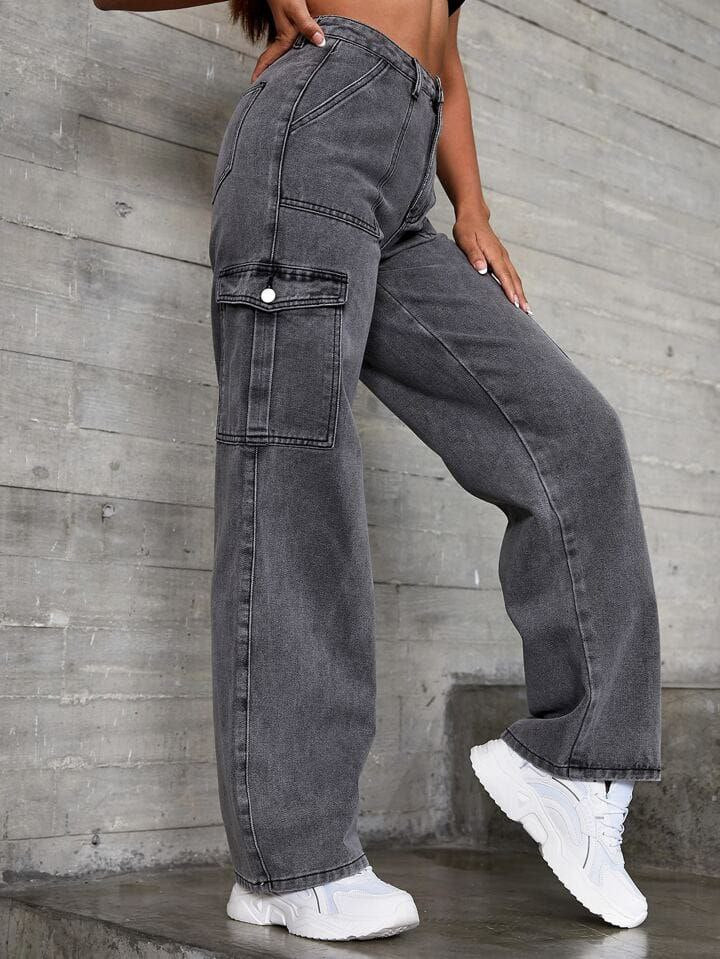 Charcoal 6-Pocket Cargo Jeans for Women – Trendy High Waist Denim